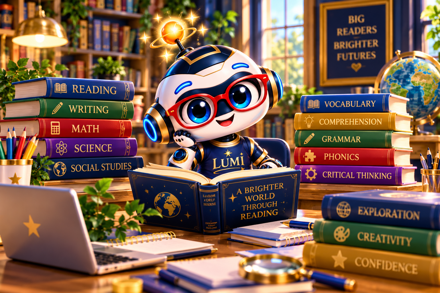 Lumi reading A Brighter World Through Reading surrounded by Lumiverse Literacy subject books