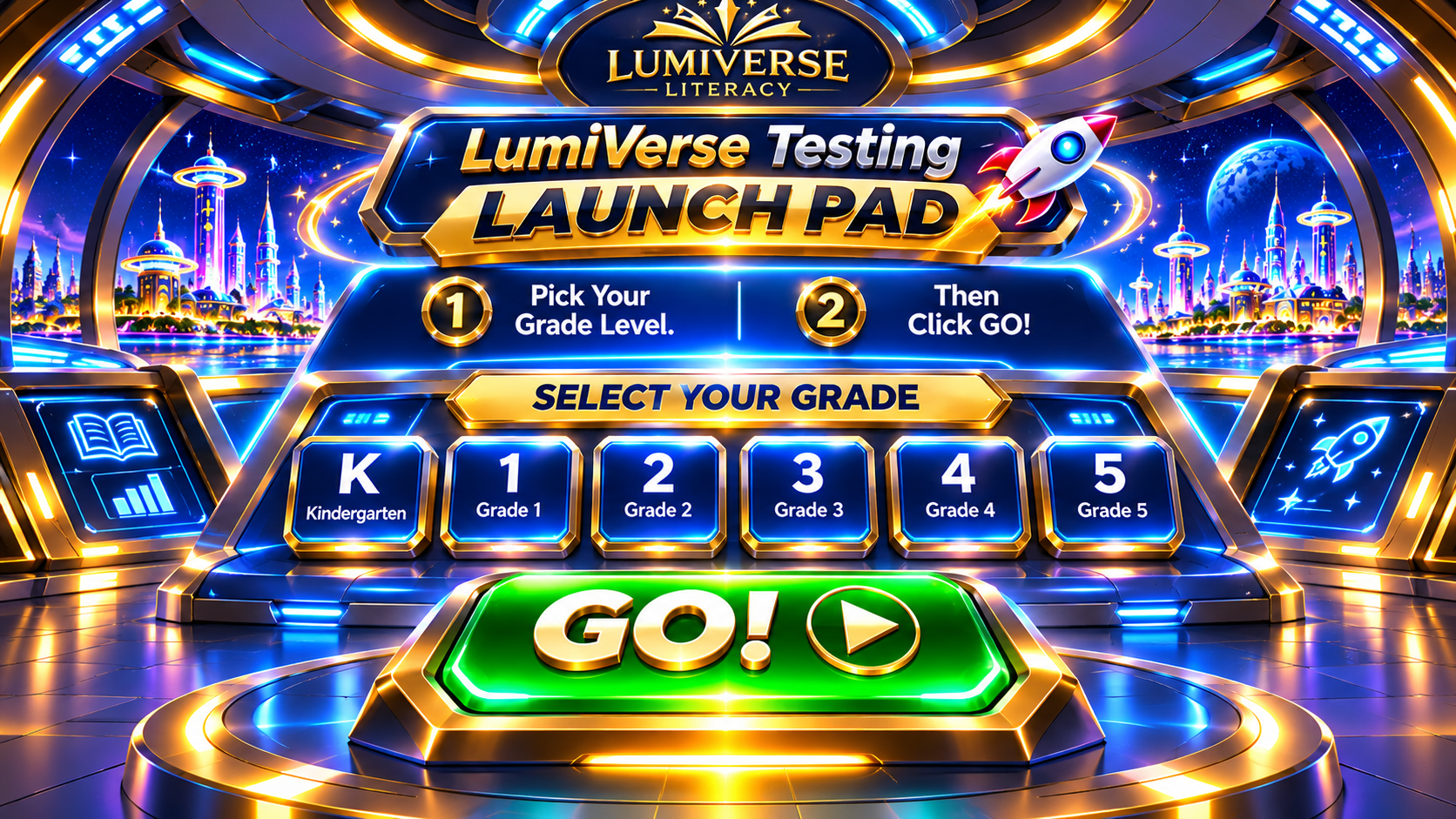 LumiVerse Testing Launch Pad with Kindergarten and Grades 1 through 5, followed by GO